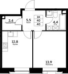 Планировка 1-комнатной квартиры, 40 м2