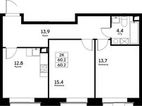Планировка 2-комнатной квартиры, 60,2 м2
