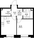 Планировка 1-комнатной квартиры, 37,4 м2