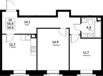 Планировка 2-комнатной квартиры, 58,8 м2