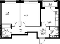 Планировка 2-комнатной квартиры, 59,7 м2