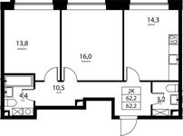 Планировка 2-комнатной квартиры, 62,2 м2