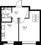 Планировка 1-комнатной квартиры, 36 м2