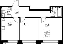 Планировка 2-комнатной квартиры, 57,1 м2