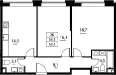 Планировка 2-комнатной квартиры, 68,3 м2