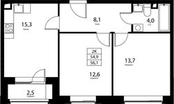 Планировка 2-комнатной квартиры, 54,9 м2