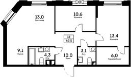 Планировка 3-комнатной квартиры, 69,5 м2