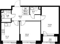 Планировка 2-комнатной квартиры, 58,2 м2