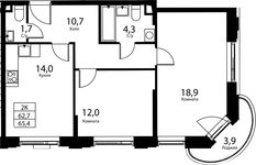 Планировка 2-комнатной квартиры, 62,7 м2