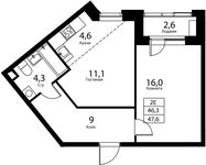 Планировка 2-комнатной квартиры, 46,3 м2
