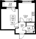 Планировка 1-комнатной квартиры, 35,6 м2