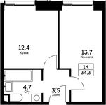 Планировка 1-комнатной квартиры, 34,3 м2