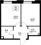 Планировка 1-комнатной квартиры, 40 м2