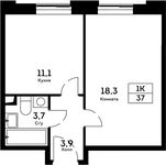 Планировка 1-комнатной квартиры, 37 м2