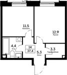 Планировка 1-комнатной квартиры, 37,4 м2