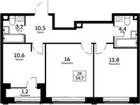Планировка 2-комнатной квартиры, 59,7 м2