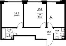 Планировка 2-комнатной квартиры, 57,1 м2