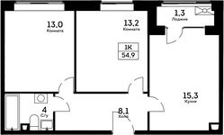 Планировка 2-комнатной квартиры, 54,9 м2