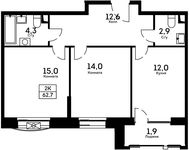 Планировка 2-комнатной квартиры, 62,7 м2