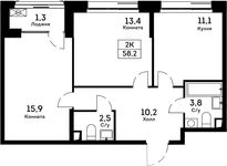 Планировка 2-комнатной квартиры, 58,2 м2