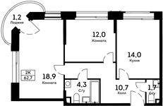 Планировка 2-комнатной квартиры, 62,7 м2