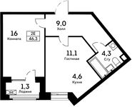 Планировка 2-комнатной квартиры, 46,3 м2