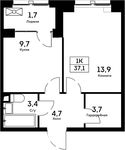 Планировка 1-комнатной квартиры, 37,1 м2