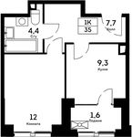 Планировка 1-комнатной квартиры, 35 м2