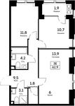 Планировка 3-комнатной квартиры, 62,9 м2