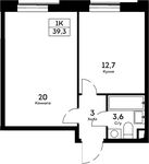 Планировка 1-комнатной квартиры, 39,3 м2
