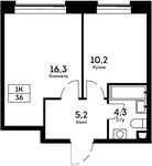 Планировка 1-комнатной квартиры, 36 м2
