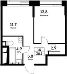 Планировка 1-комнатной квартиры, 38,1 м2