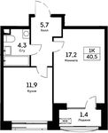 Планировка 1-комнатной квартиры, 40,5 м2