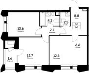 Планировка 3-комнатной квартиры, 66 м2