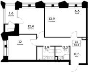Планировка 3-комнатной квартиры, 65,2 м2