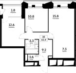 Планировка 3-комнатной квартиры, 62,4 м2