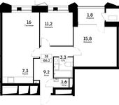 Планировка 3-комнатной квартиры, 66,2 м2