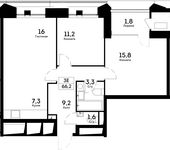 Планировка 3-комнатной квартиры, 66,2 м2