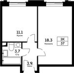 Планировка 1-комнатной квартиры, 37 м2