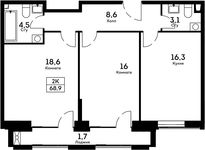 Планировка 2-комнатной квартиры, 68,9 м2