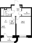 Планировка 2-комнатной квартиры, 42,4 м2