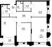 Планировка 3-комнатной квартиры, 88,4 м2