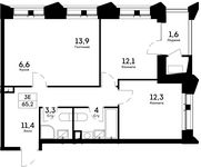 Планировка 3-комнатной квартиры, 65,2 м2