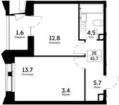 Планировка 2-комнатной квартиры, 41,7 м2