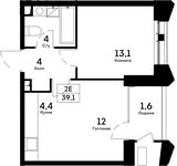 Планировка 2-комнатной квартиры, 39,1 м2