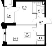 Планировка 1-комнатной квартиры, 36,9 м2
