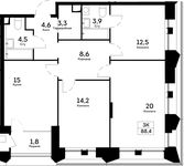 Планировка 3-комнатной квартиры, 88,4 м2