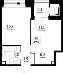 Планировка 2-комнатной квартиры, 39,5 м2