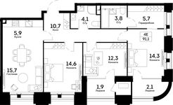 Планировка 4-комнатной квартиры, 91,1 м2