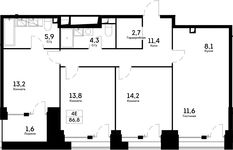Планировка 4-комнатной квартиры, 86,8 м2